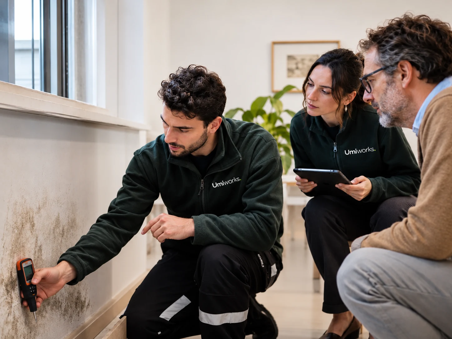 Tecnici Umiworks analizzano un muro con umidità